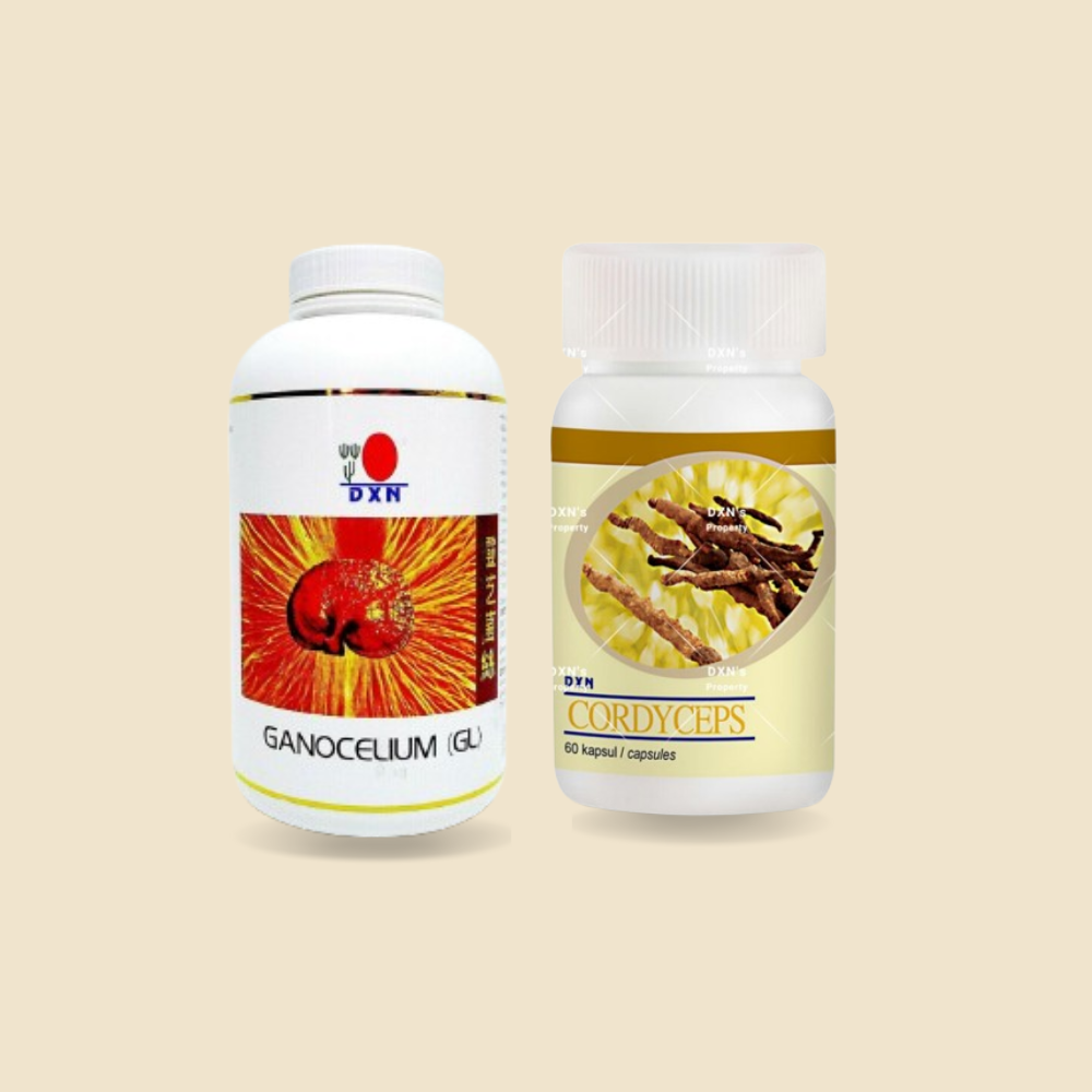 Twee potjes DXN-supplementen: Ganocelium (GL) en Cordyceps, met het DXN Infinity Nederland logo.