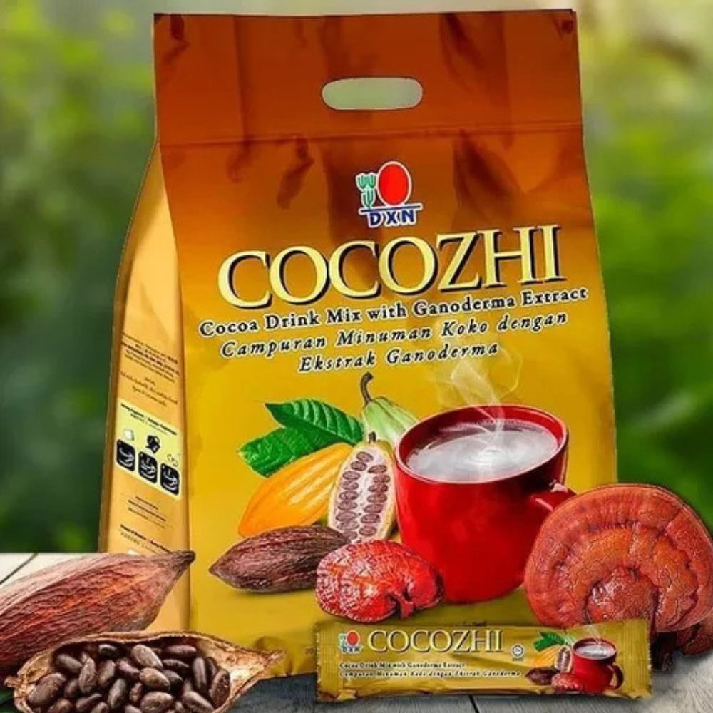 DXN Cocozhi cacaodrankmix met Ganoderma-extract, met het DXN Infinity Nederland logo.